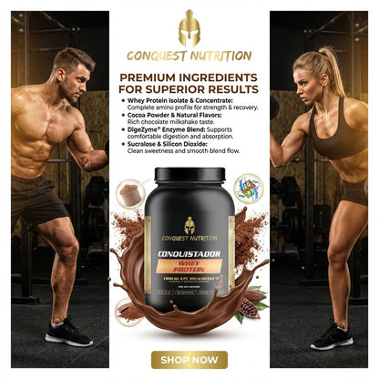 Conquest Nutrition protein supplement with two muscular individuals in a gym setting.