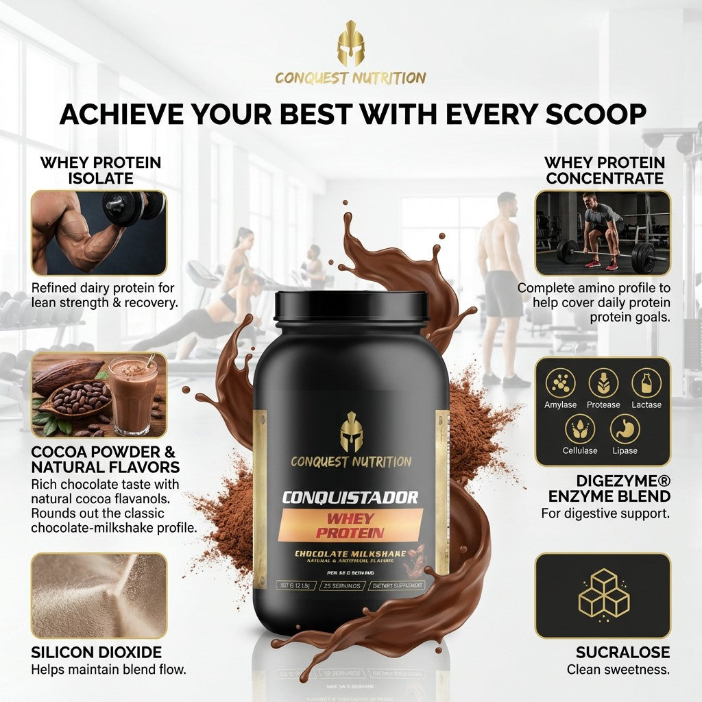 Conquest Nutrition protein supplement with product details and branding.