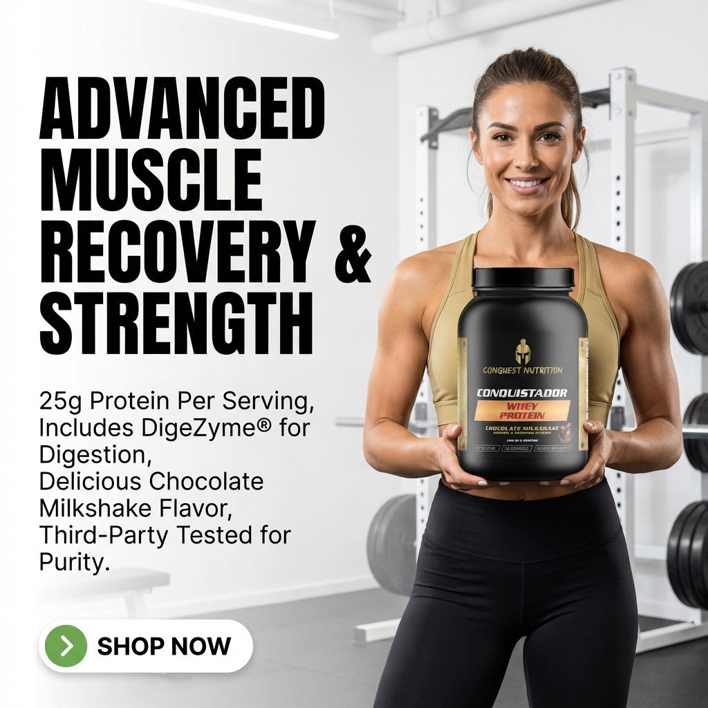 Woman holding a protein supplement container in a gym setting with promotional text about muscle recovery and strength.