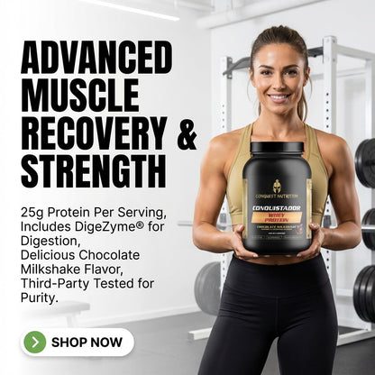 Woman holding a protein supplement container in a gym setting with promotional text about muscle recovery and strength.