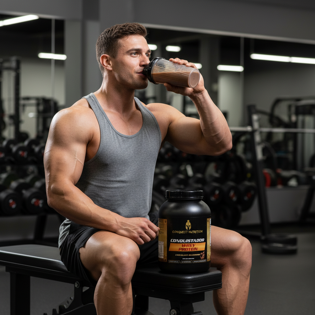 Muscular man in a gym drinking a protein shake with a supplement container.