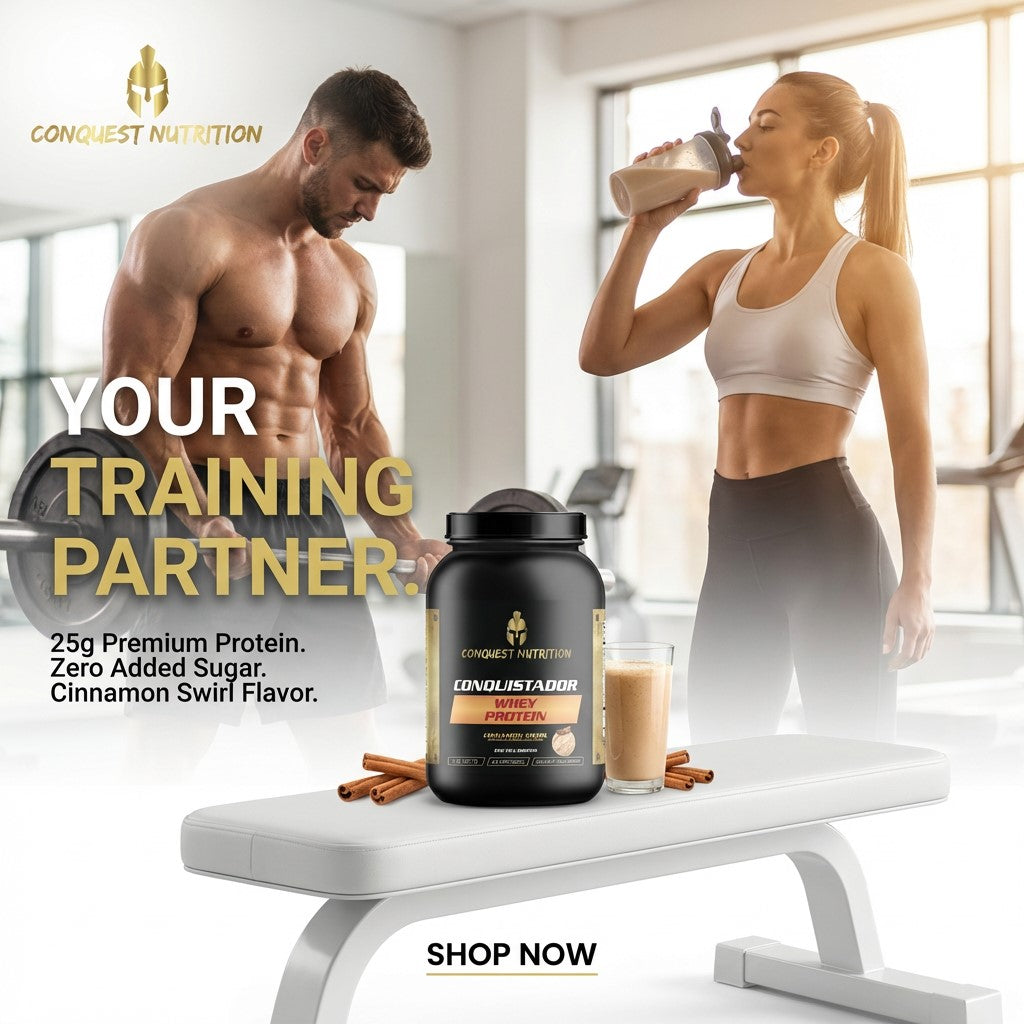 Advertisement for Conquest Nutrition protein product with a man and woman in a gym setting.