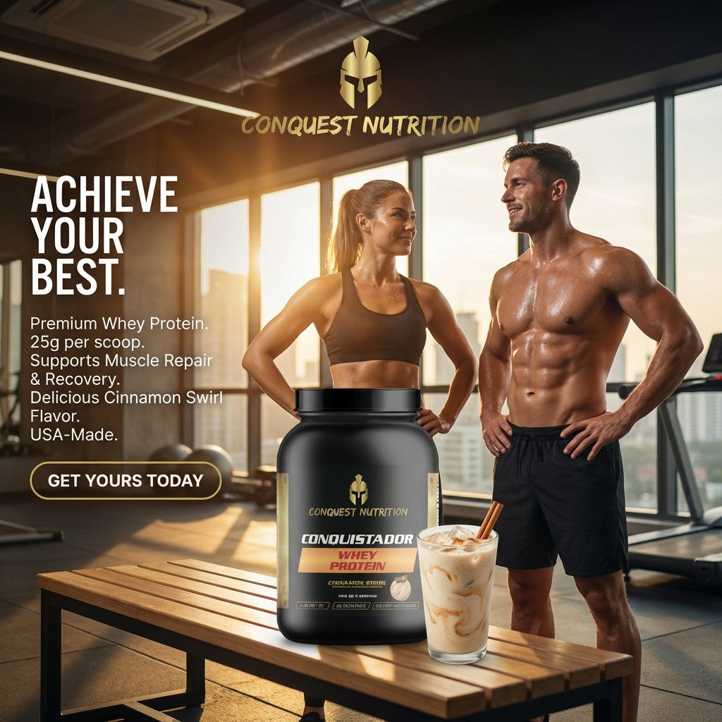 Two muscular individuals standing in a gym with Conquest Nutrition whey protein and a glass of iced coffee.