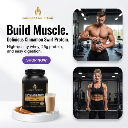 Advertisement for Conquest Nutrition protein powder with images of a man and woman in a gym, and product packaging.