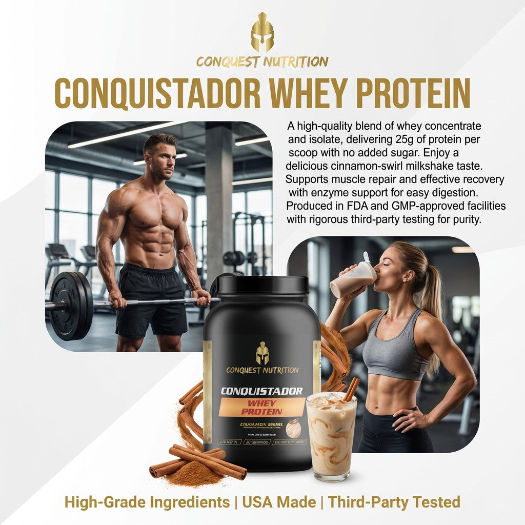 Advertisement for Conquistador Whey Protein with images of a muscular man and woman, product packaging, and text about protein benefits.