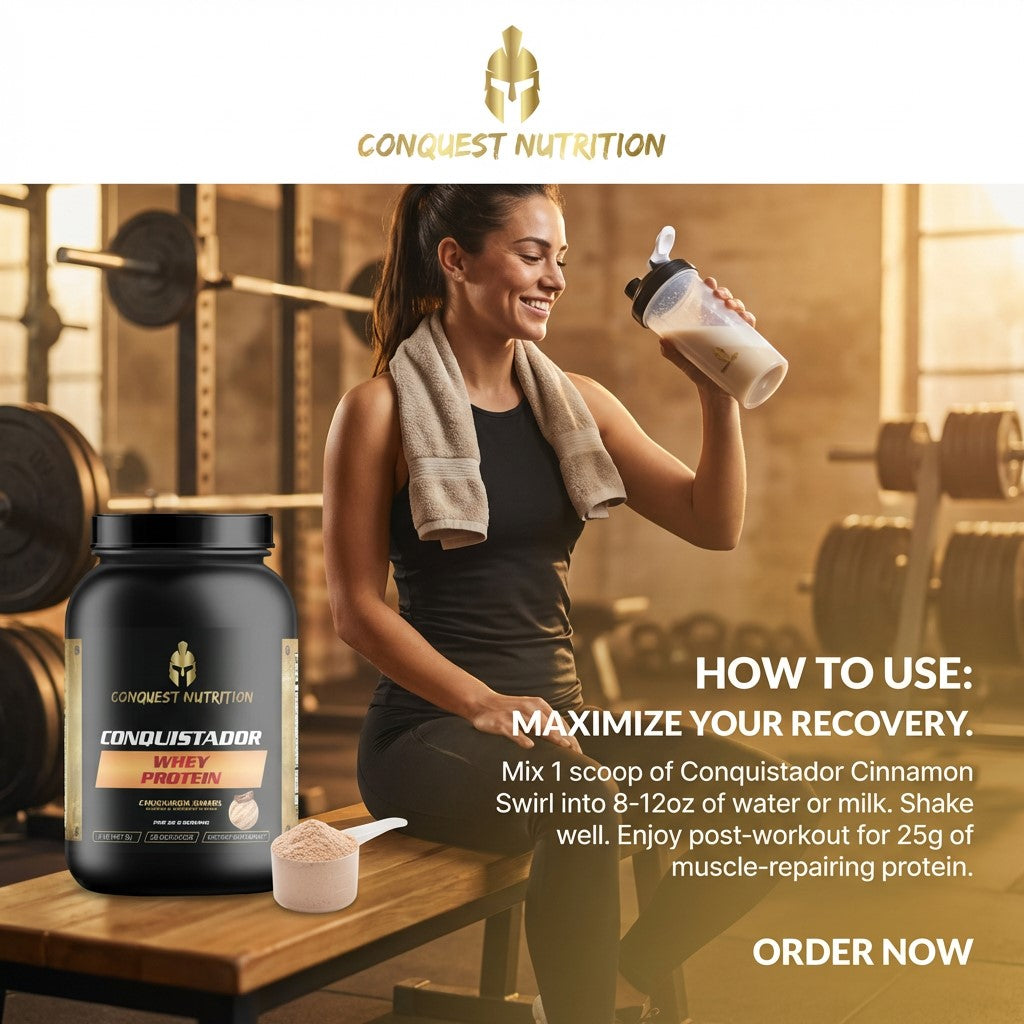 Woman in gym holding a protein shake with Conquest Nutrition products and text.