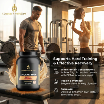 Person lifting weights with a Conquest Nutrition protein supplement in a gym setting