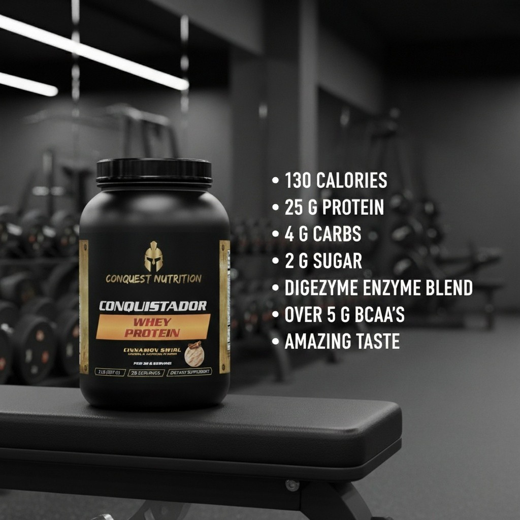 Conquest Nutrition Conquistador Whey Protein container on a gym bench with nutritional information.