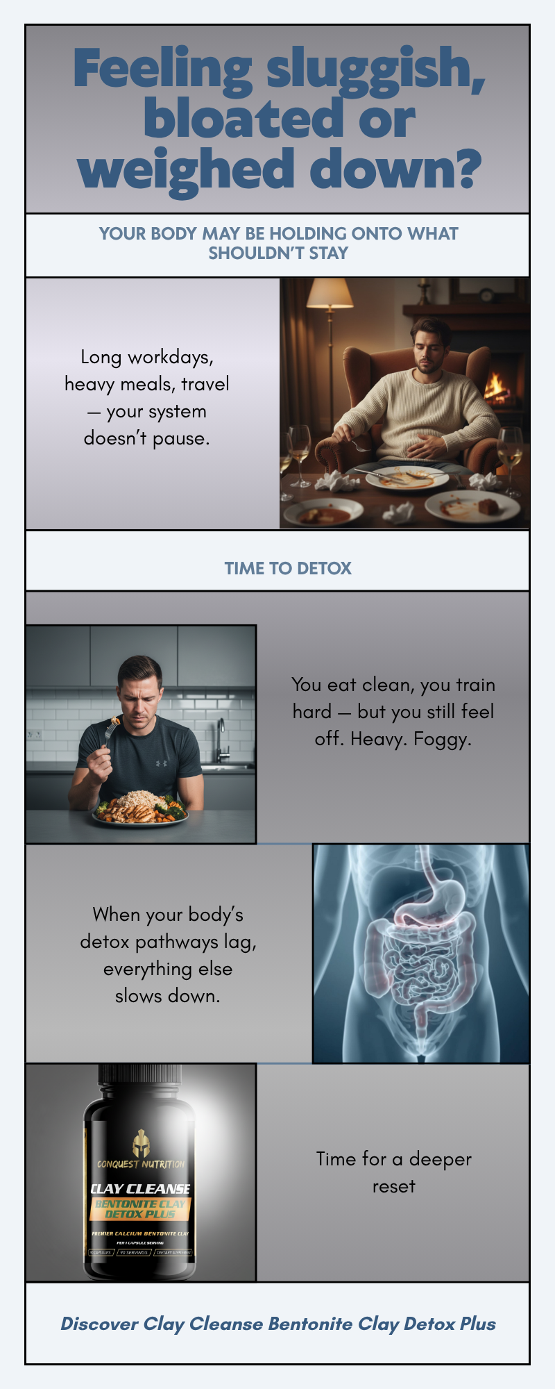 Advertisement for Clay Cleanse Bентонite Clay Detox Plus with images of a person eating, exercising, and a diagram of the digestive system.