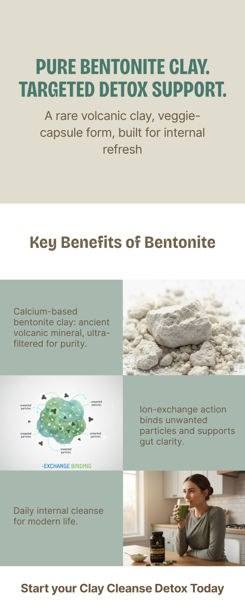 Promotional graphic for bentonite clay with text and images of the product.