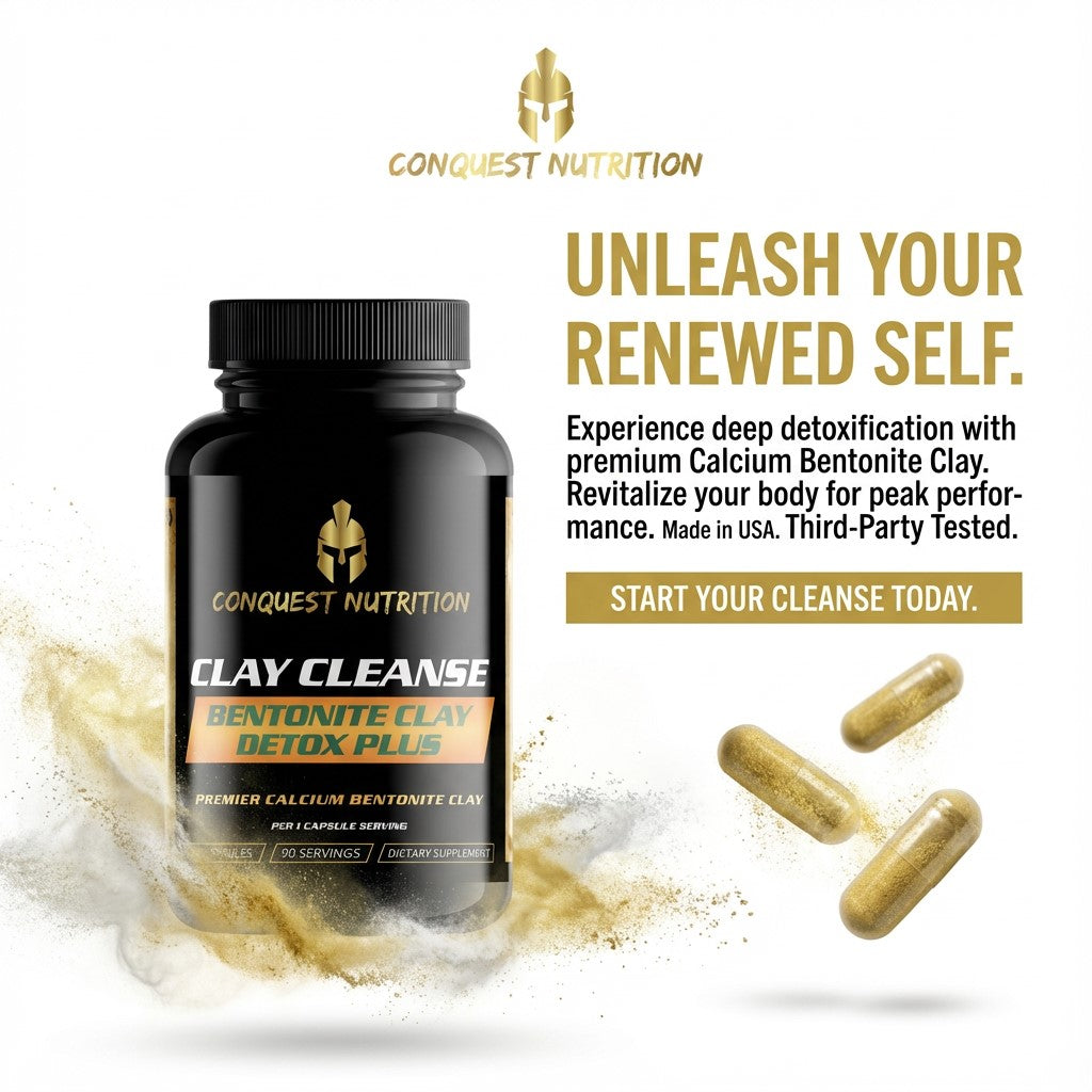 Conquest Nutrition Clay Cleanse supplement bottle with capsules on a white background