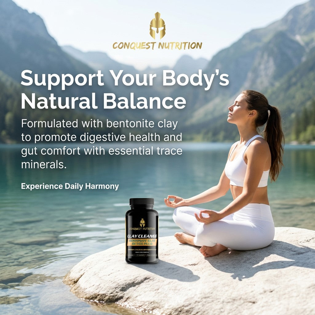Woman meditating by a lake with 'Conquest Nutrition' supplement bottle and text about natural balance and digestive health.