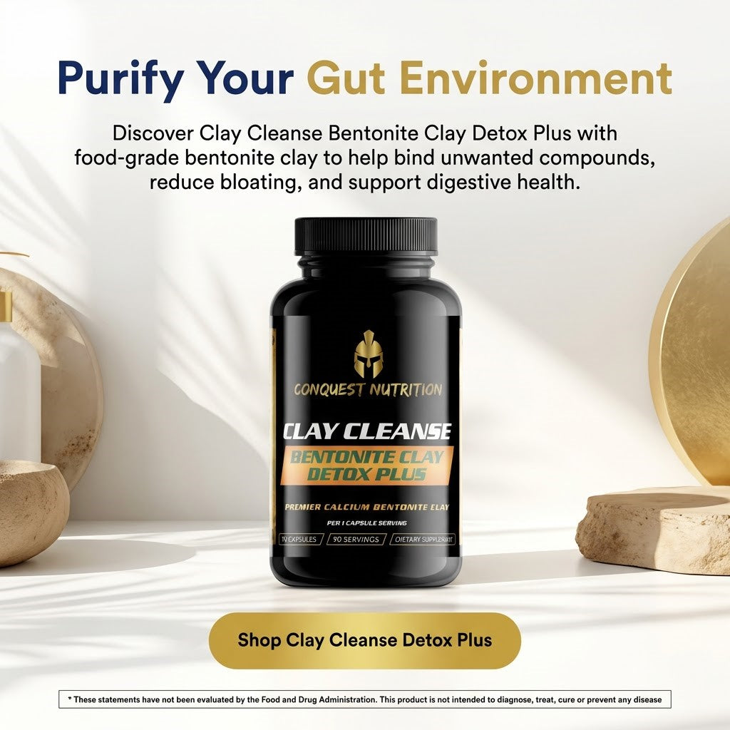 Bottle of Clay Cleanse Bentonite Clay Detox Plus with promotional text on a neutral background