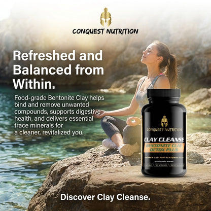 Conquest Nutrition Clay Cleanse supplement bottle with a woman sitting by a lake, text about product benefits.