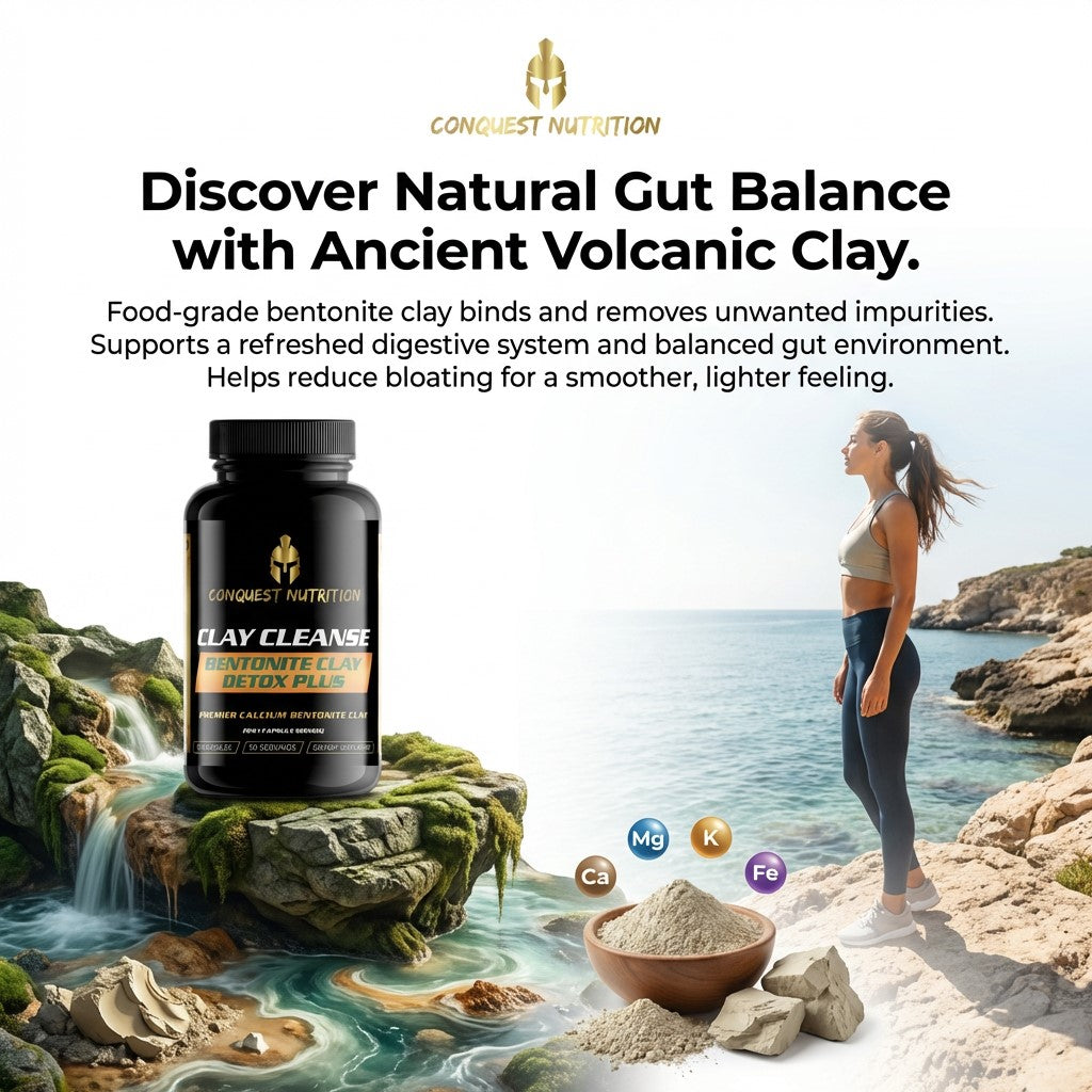 Advertisement for Conquest Nutrition Clay Cleanse supplement with a woman by a scenic water body.