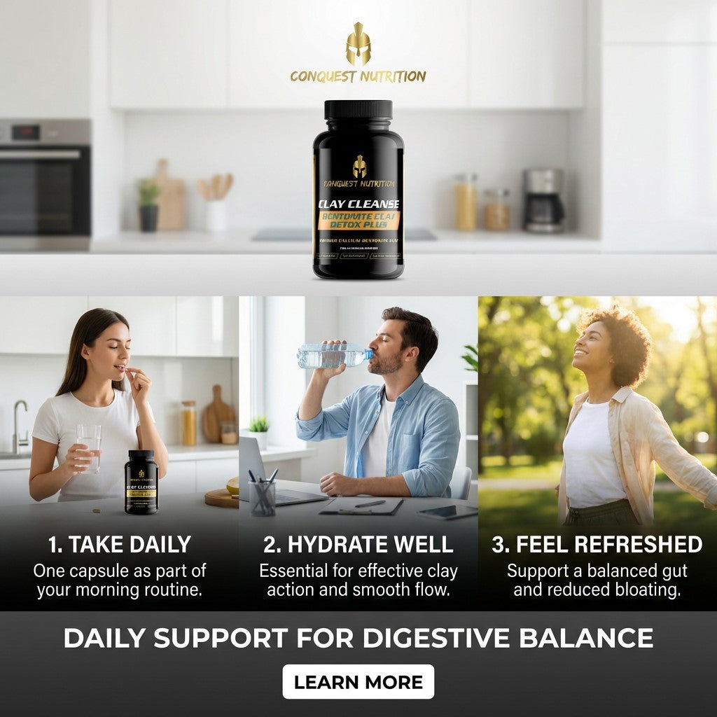 Advertisement for Conquest Nutrition clay cleanse supplement with lifestyle images and text.