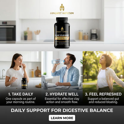 Advertisement for Conquest Nutrition clay cleanse supplement with lifestyle images and text.