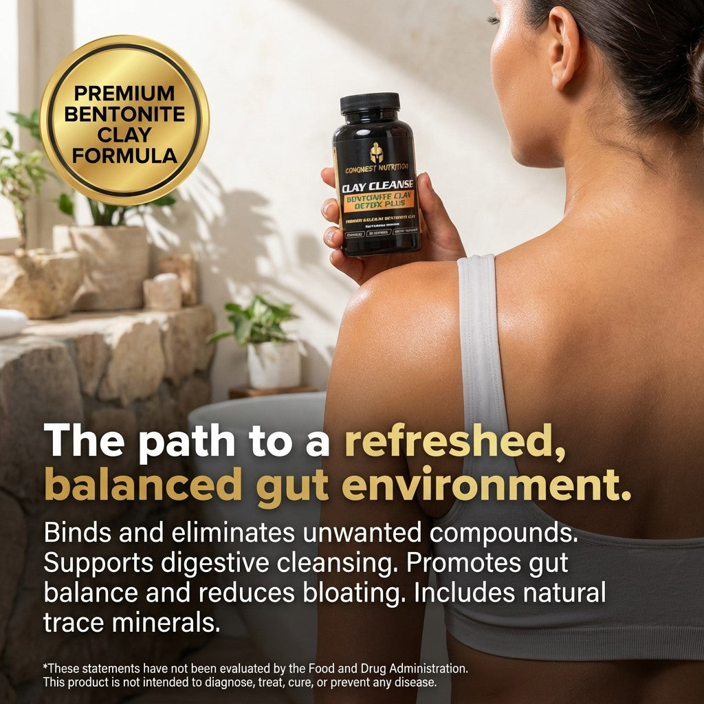 Person holding a supplement bottle with text about a premium bentonite clay formula.