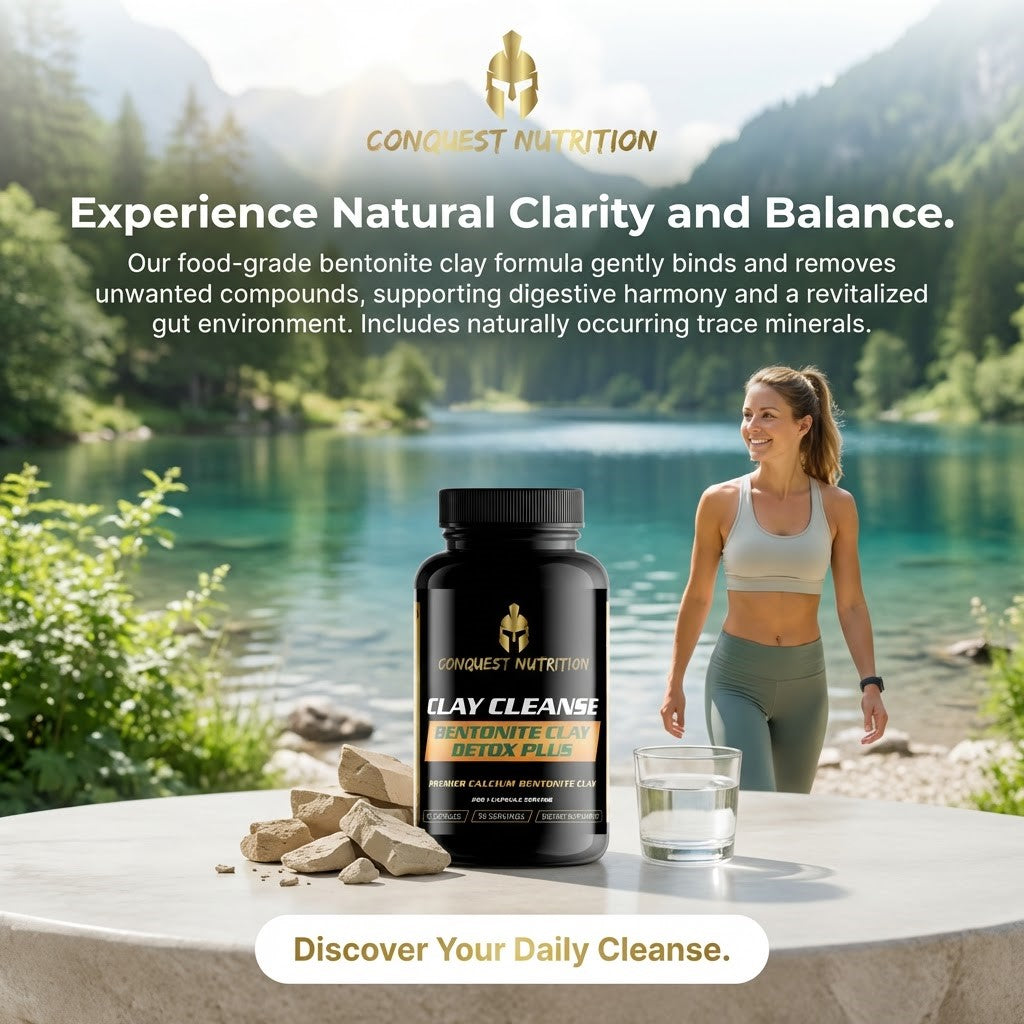 Conquest Nutrition Clay Cleanse supplement bottle with a woman by a lake, promoting natural clarity and balance.