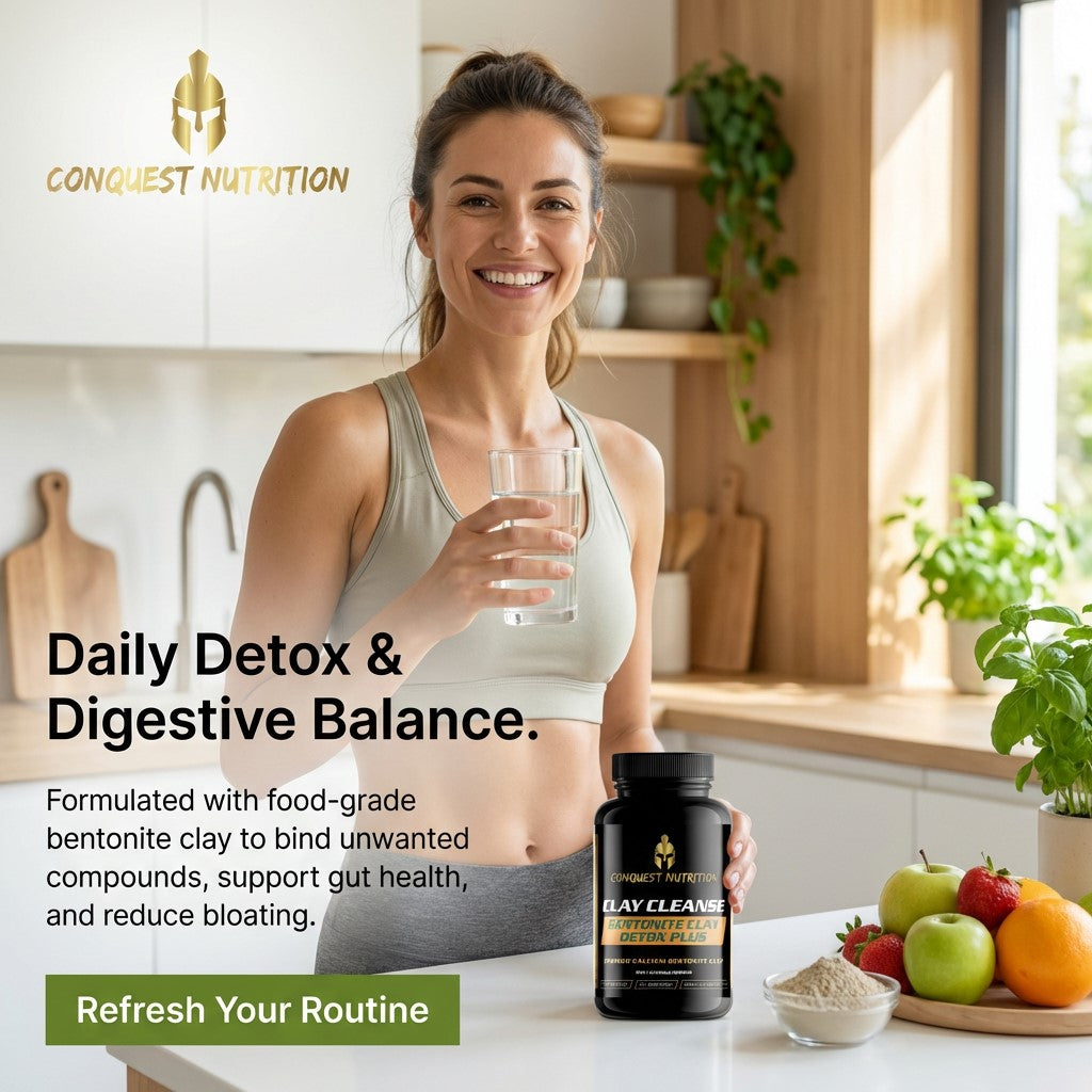 Woman holding a glass of water with Conquest Nutrition supplement bottle and fruits in a kitchen setting