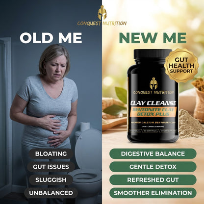 Comparison of 'Old Me' with digestive issues on the left and 'New Me' with a supplement bottle on the right, highlighting gut health support.