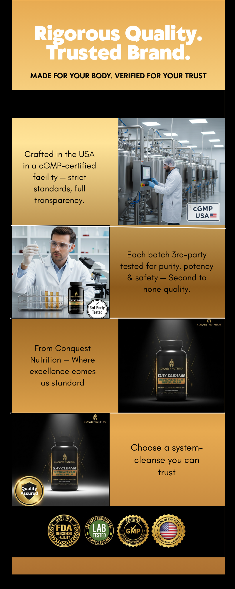 Advertisement for a rigorous quality product with branding and certification logos.