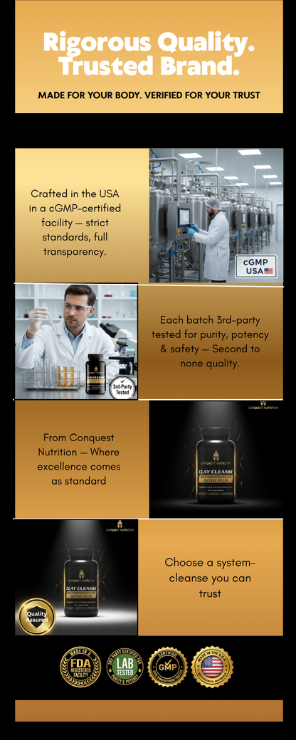 Advertisement for a rigorous quality product with branding and certification logos.