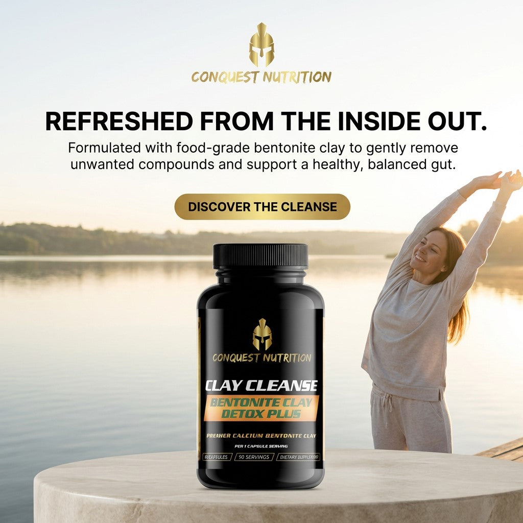 Conquest Nutrition Clay Cleanse supplement bottle with a woman stretching by a lake in the background