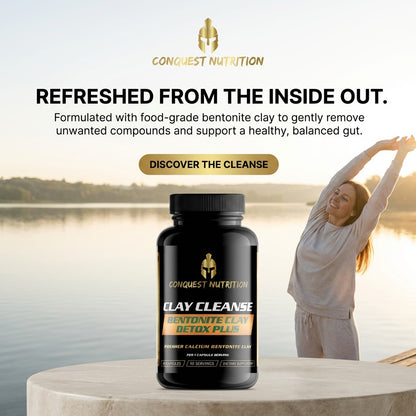 Conquest Nutrition Clay Cleanse supplement bottle with a woman stretching by a lake in the background
