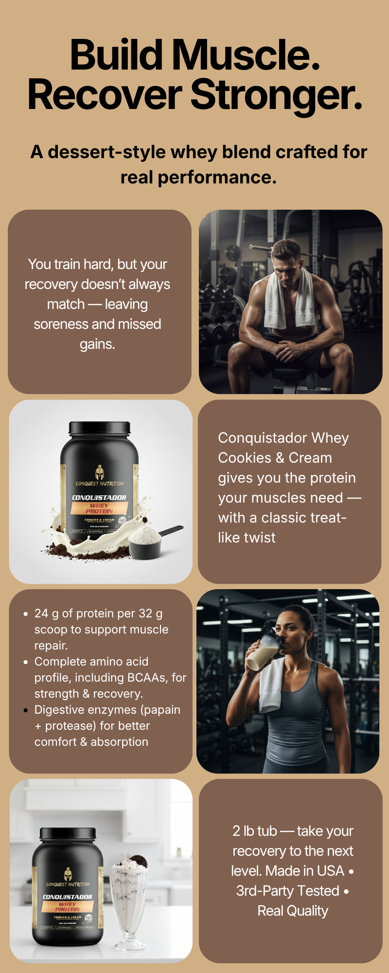 Conquistador Whey Protein Cookies and Cream Flavor 2lb - Premium Quality Protein Powder
