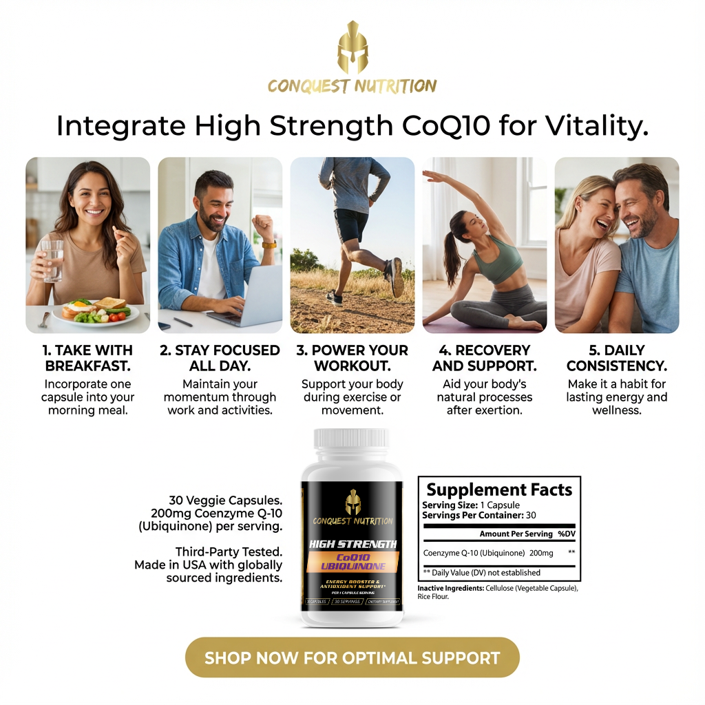 Advertisement for Conquest Nutrition High Strength CoQ10 supplement with lifestyle images and product details.