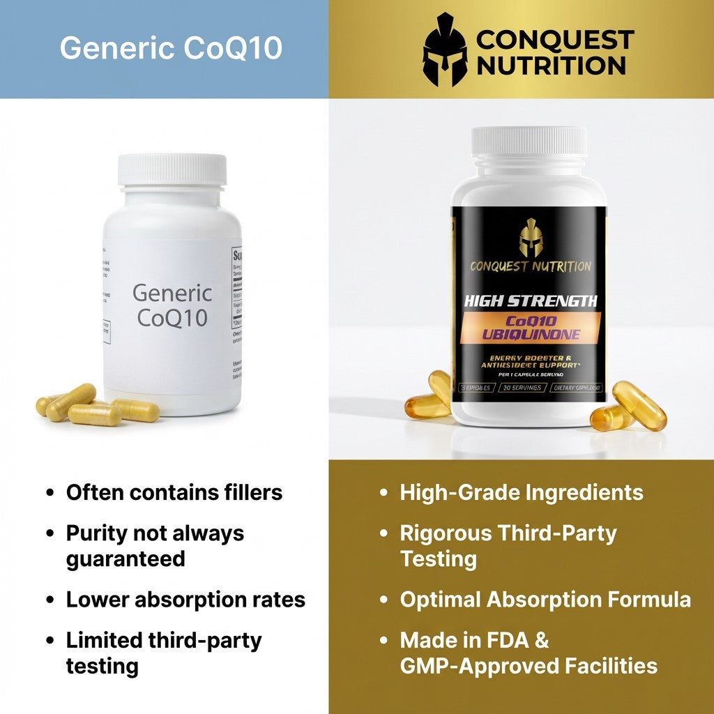 Comparison of Generic CoQ10 and Conquest Nutrition High Strength Coenzyme Q10 with product details.