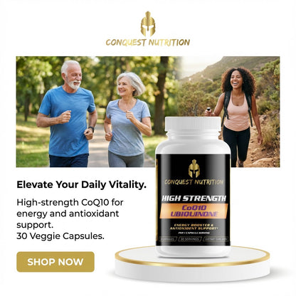 Conquest Nutrition High Strength CoQ10 supplement bottle with people exercising outdoors in the background.