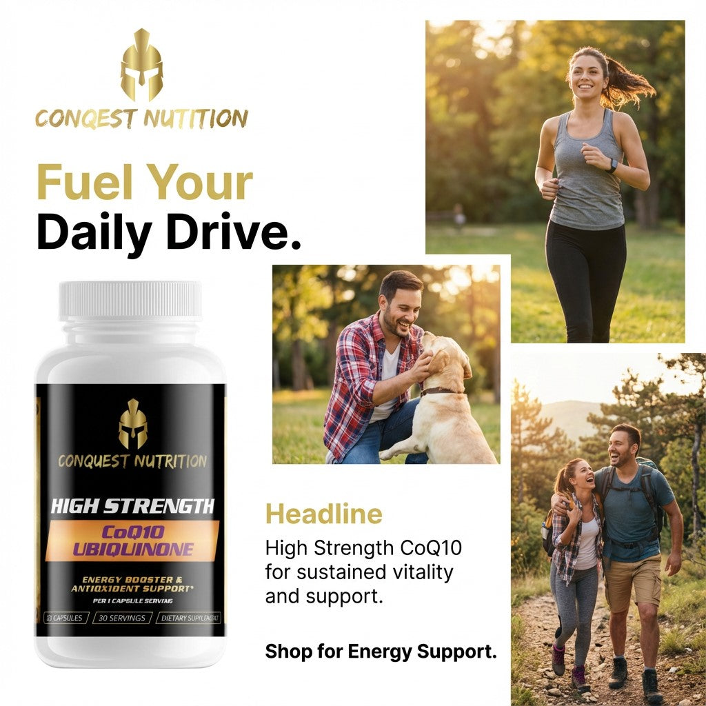 Conquest Nutrition supplement bottle with lifestyle images of people outdoors and running.
