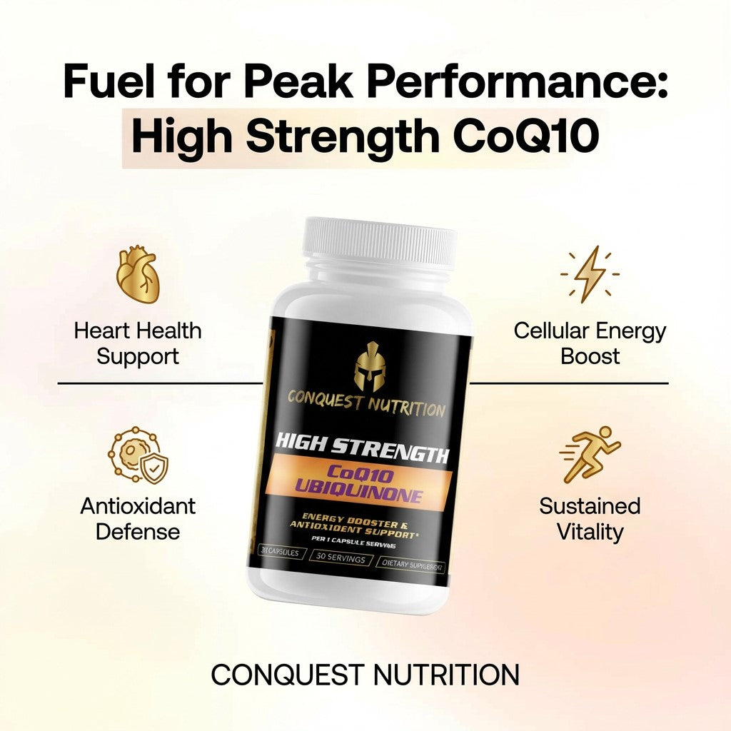 Bottle of Conquest Nutrition High Strength CoQ10 with benefits listed on a gradient background