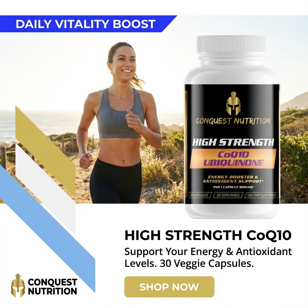 Conquest Nutrition High Strength CoQ10 Ubiquinone supplement bottle with a woman running outdoors.