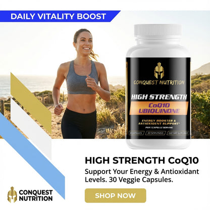 Conquest Nutrition High Strength CoQ10 Ubiquinone supplement bottle with a woman running outdoors.