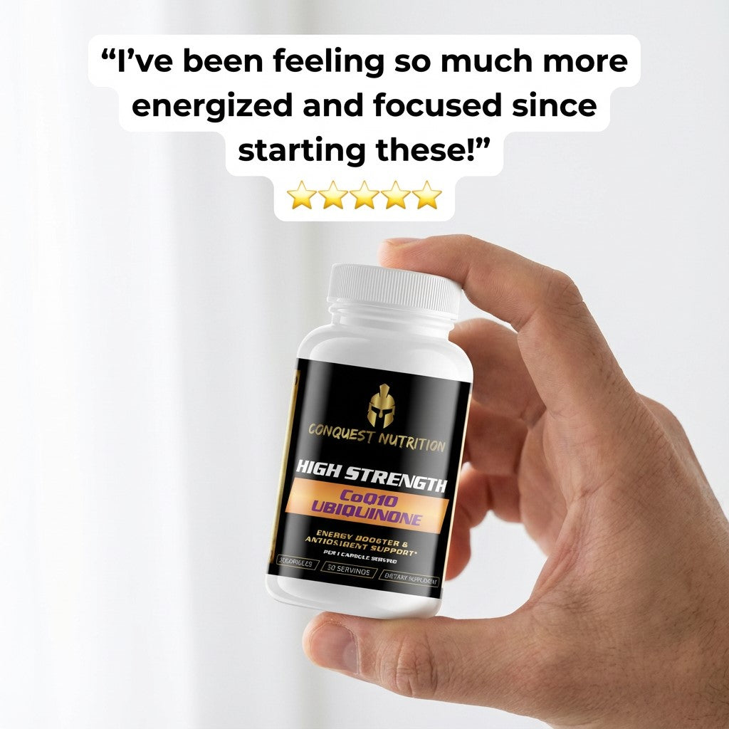 Hand holding a bottle of Conquest Nutrition High Strength CoQ10 Ubiquinone supplement with a five-star rating and review text.