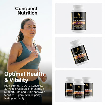 Advertisement for Conquest Nutrition supplements with a woman exercising outdoors.