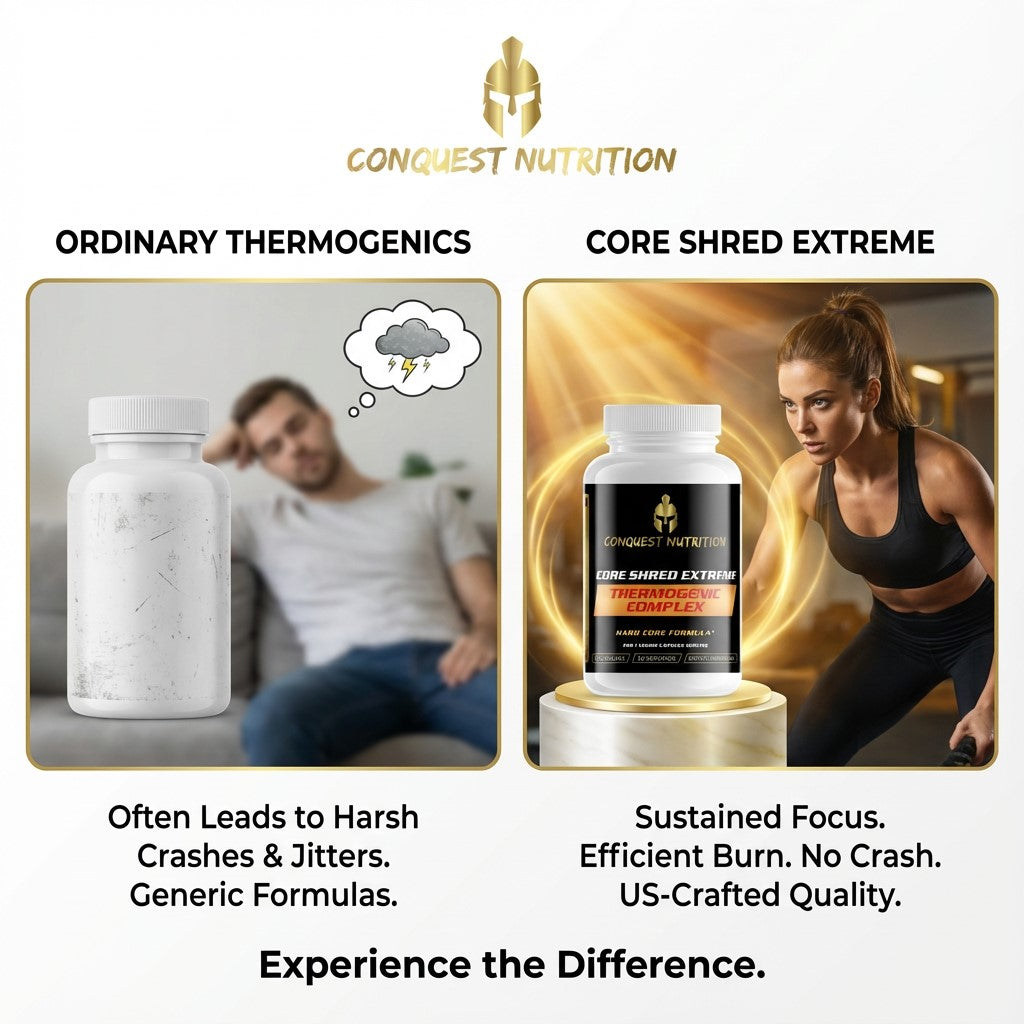 Advertisement for Conquest Nutrition Core Shred Extreme supplement with before and after scenarios.