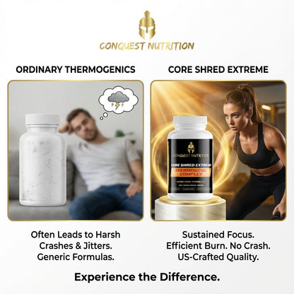 Advertisement for Conquest Nutrition Core Shred Extreme supplement with before and after scenarios.