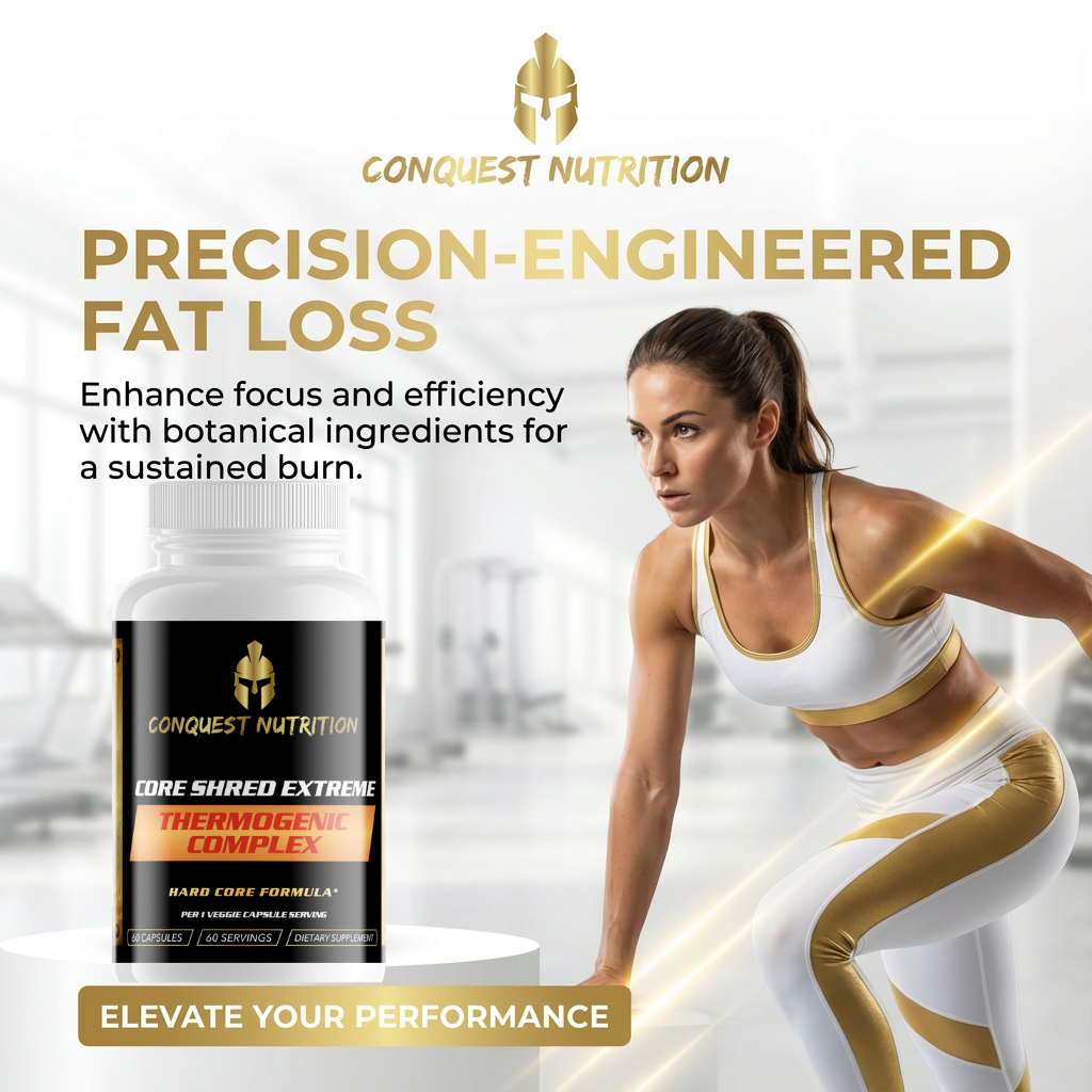 Advertisement for Conquest Nutrition Core Shred Extreme Thermogenic Complex with a woman exercising in the background.