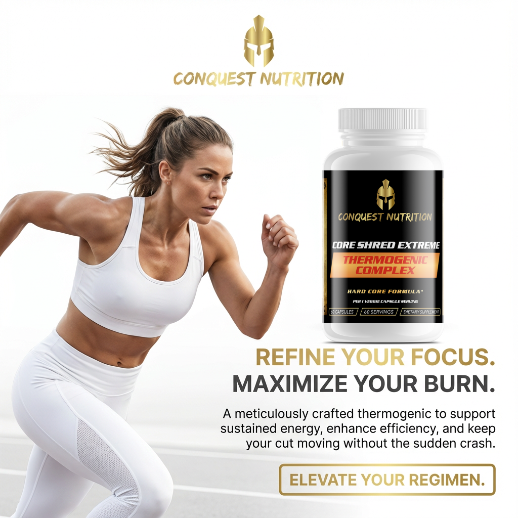 Woman running with Conquest Nutrition supplement bottle on a white background
