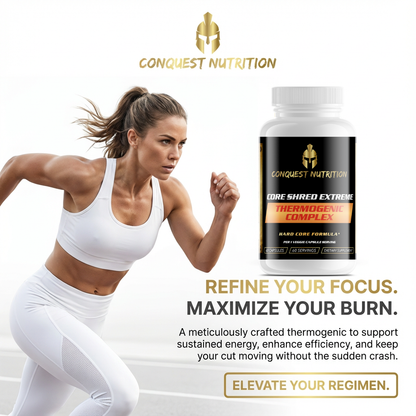 Woman running with Conquest Nutrition supplement bottle on a white background