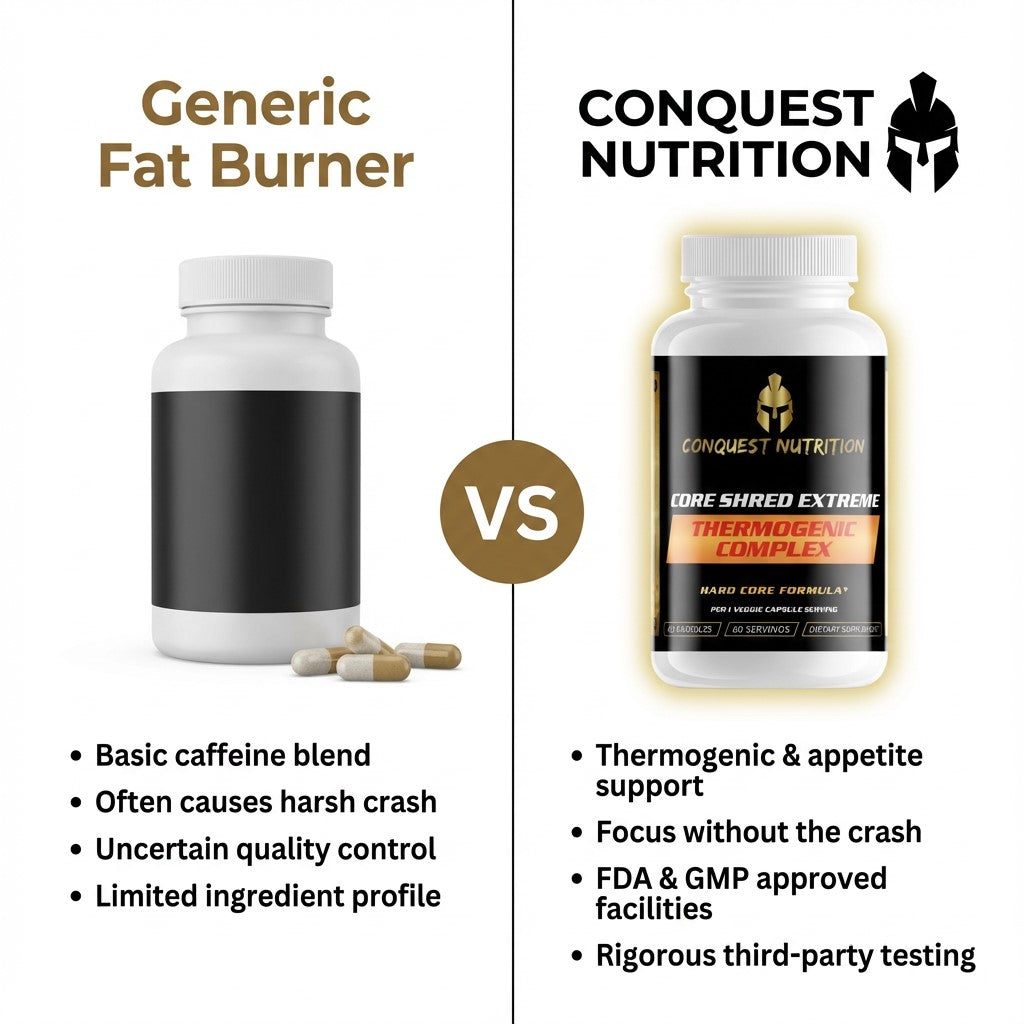 Comparison between a generic fat burner and Conquest Nutrition's Core Shred Extreme supplement.