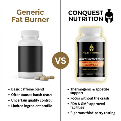 Comparison between a generic fat burner and Conquest Nutrition's Core Shred Extreme supplement.