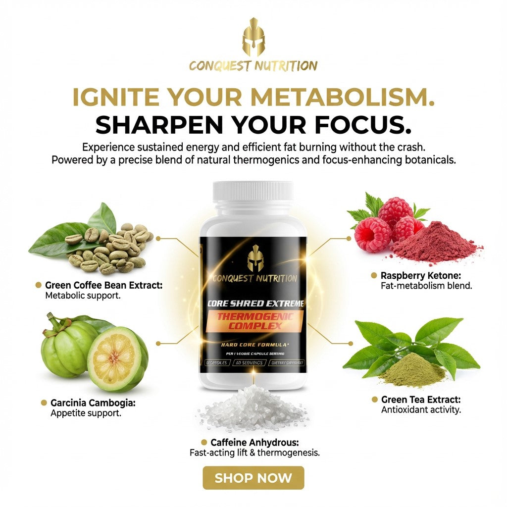 Advertisement for Conquest Nutrition supplement with ingredients and benefits listed.