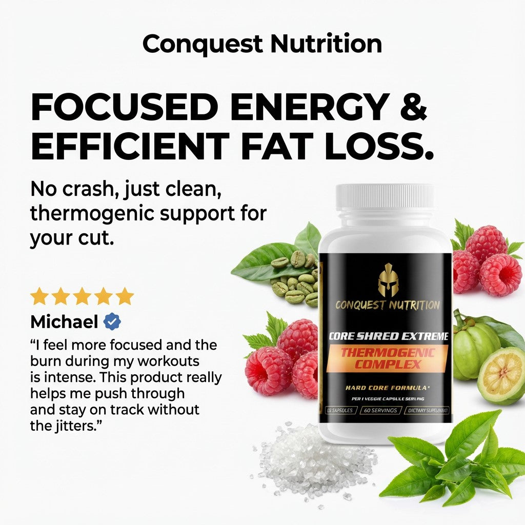 Conquest Nutrition supplement bottle with ingredients and promotional text on a white background