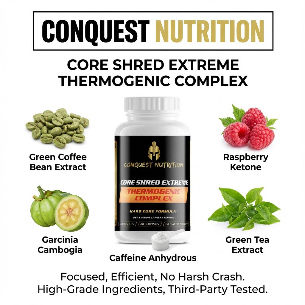 Conquest Nutrition Core Shred Extreme Thermogenic Complex with ingredients and benefits listed.