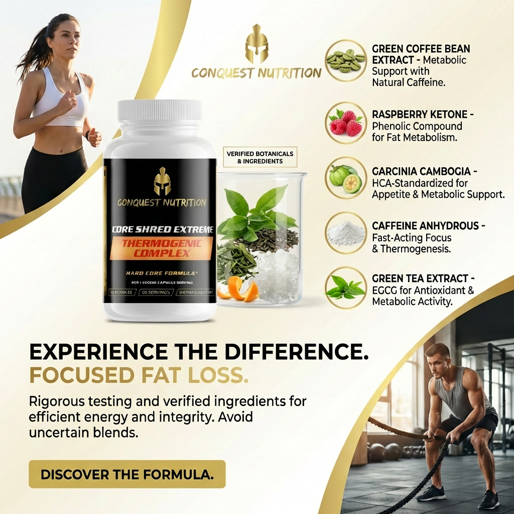 Advertisement for Conquest Nutrition supplement with product and athletes exercising.